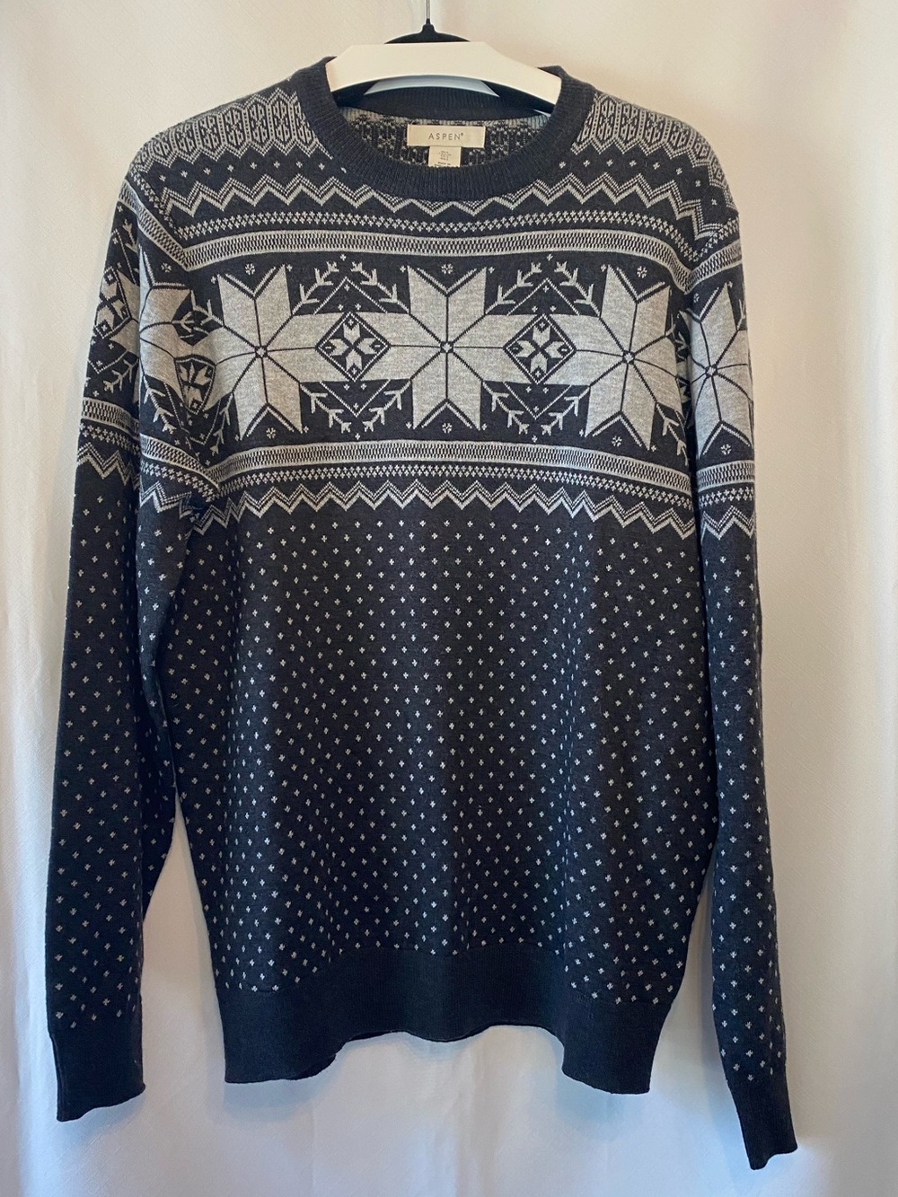 Aspen Mens Nordic Grey Fair Isle Crewneck Festive Sweater LG Cotton Wool